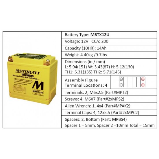 Batéria Motobatt MBTX12U 14Ah, 12V, 4 vývody Batéria Motobatt MBTX12U 14Ah, 12V, 4 vývody