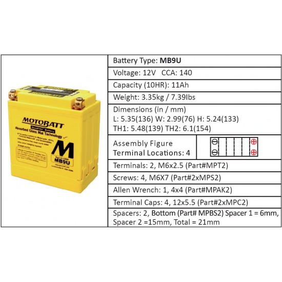 Batéria Motobatt MB9U 11Ah, 12V, 4 vývody Batéria Motobatt MB9U 11Ah, 12V, 4 vývody
