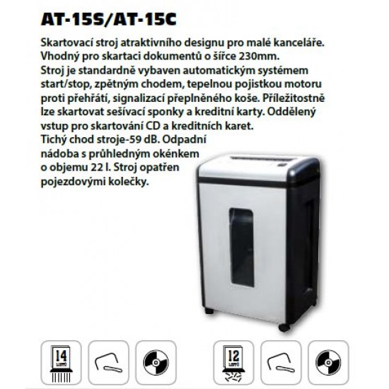 Skartovač AT-15C DIN 3, 4x50mm, 10 listů, 22l, CD+DVD, Credit Card, NBÚ Skartovač AT-15C DIN 3, 4x50mm, 10 listů, 22l, CD+DVD, Credit Card, NBÚ