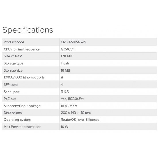 Switch Mikrotik CRS112-8P-4S-IN with QCA8511 128MB, 8xGLAN w PoE-out, 4xSFP, ROS L5, desktop case, PSU Switch Mikrotik CRS112-8P-4S-IN with QCA8511 128MB, 8xGLAN w PoE-out, 4xSFP, ROS L5, desktop case, PSU