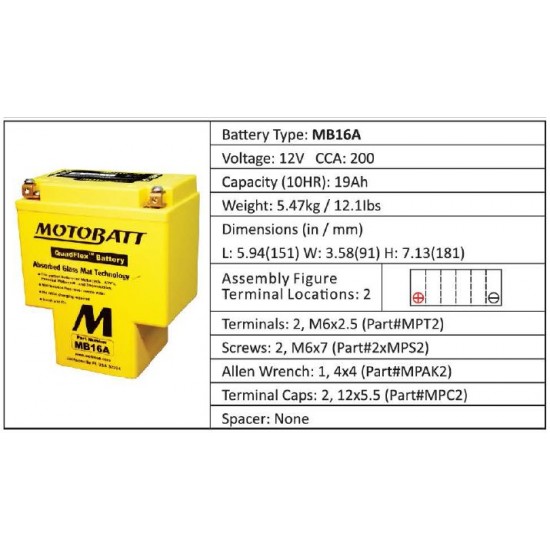 Batéria Motobatt MB16A 17,5Ah, 12V, 2 vývody Batéria Motobatt MB16A 17,5Ah, 12V, 2 vývody