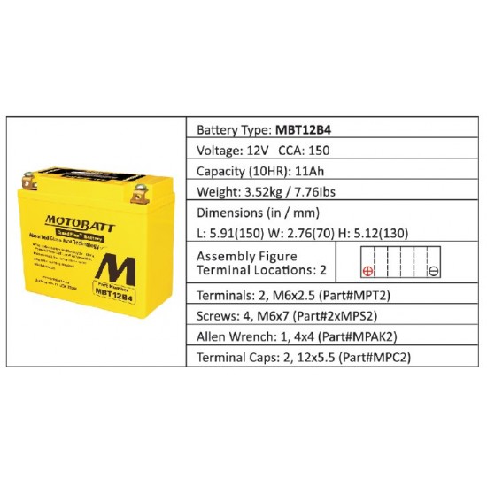 Batéria Motobatt MBT12B4 11Ah, 12V, 2 vývody Batéria Motobatt MBT12B4 11Ah, 12V, 2 vývody