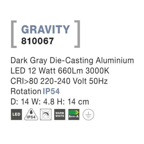 Svietidlo Nova Luce GRAVITY WALL GREY nástenné, IP 54, 12 W Svietidlo Nova Luce GRAVITY WALL GREY nástenné, IP 54, 12 W