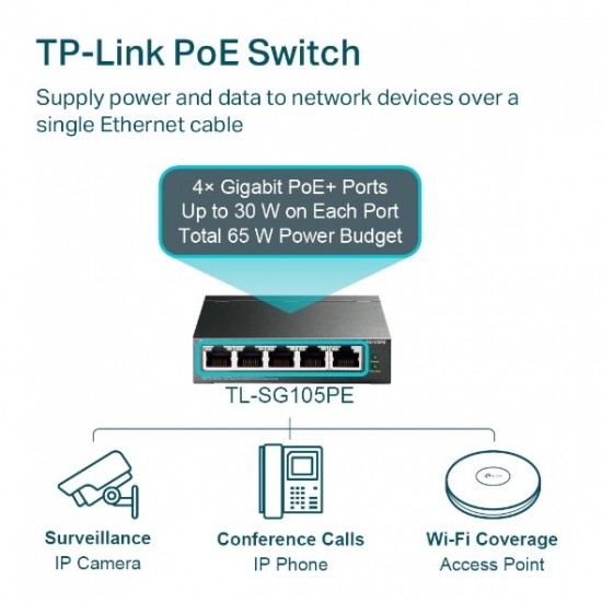 Switch TP-Link TL-SG105PE Easy Smart, 5x GLAN, 4x PoE+, 30W Switch TP-Link TL-SG105PE Easy Smart, 5x GLAN, 4x PoE+, 30W
