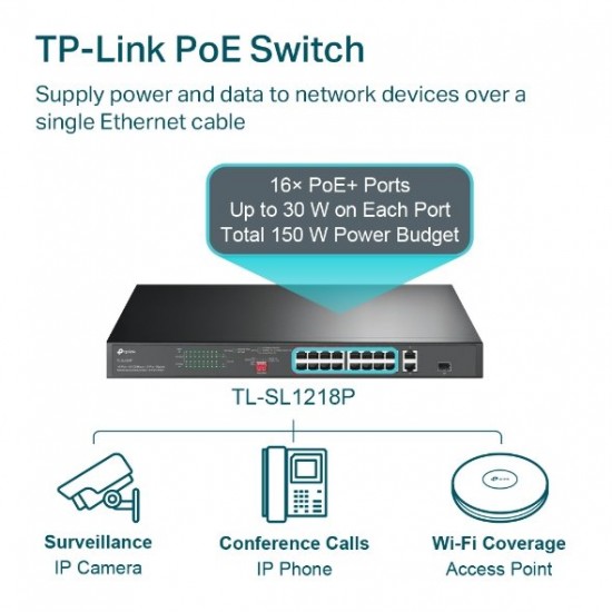 Switch TP-Link TL-SL1218P Smart, 16x Lan sPoE+, 2x GLan, 1x SFP Combo, 150W Switch TP-Link TL-SL1218P Smart, 16x Lan sPoE+, 2x GLan, 1x SFP Combo, 150W
